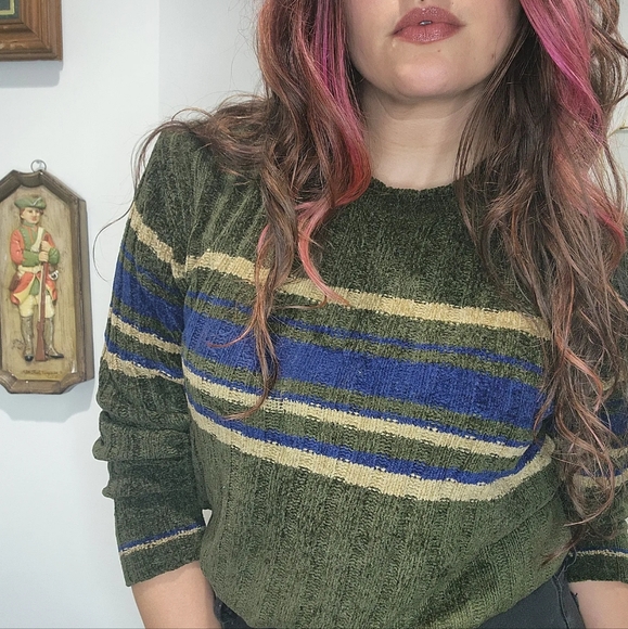 Vintage 2000s Y2k Acrylic Shiny Knit Cropped Sweater Green Stripe Womens S* - Picture 3 of 8